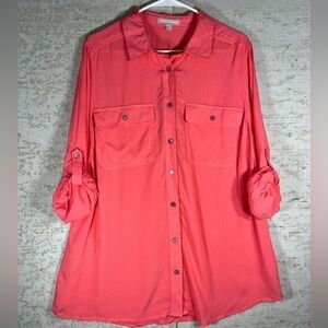 WOMAN WITHIN Apricot Blouse Button Up Front Pockets Tab Sleeves Top Size 14/16